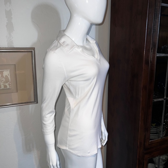 Three Dots Soft Cotton White Collared V-Neck Pullover Top - Medium - Picture 3 of 7